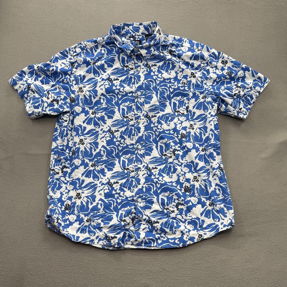Chaps Shirt Mens Extra Large Blue White Hawaiian Floral Short Sleeve Button Up
